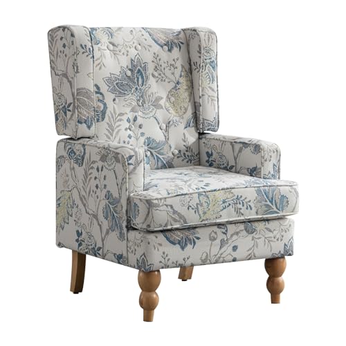 Blue Floral Upholstered Accent Chairs Set of 2 with Wood Legs W2158