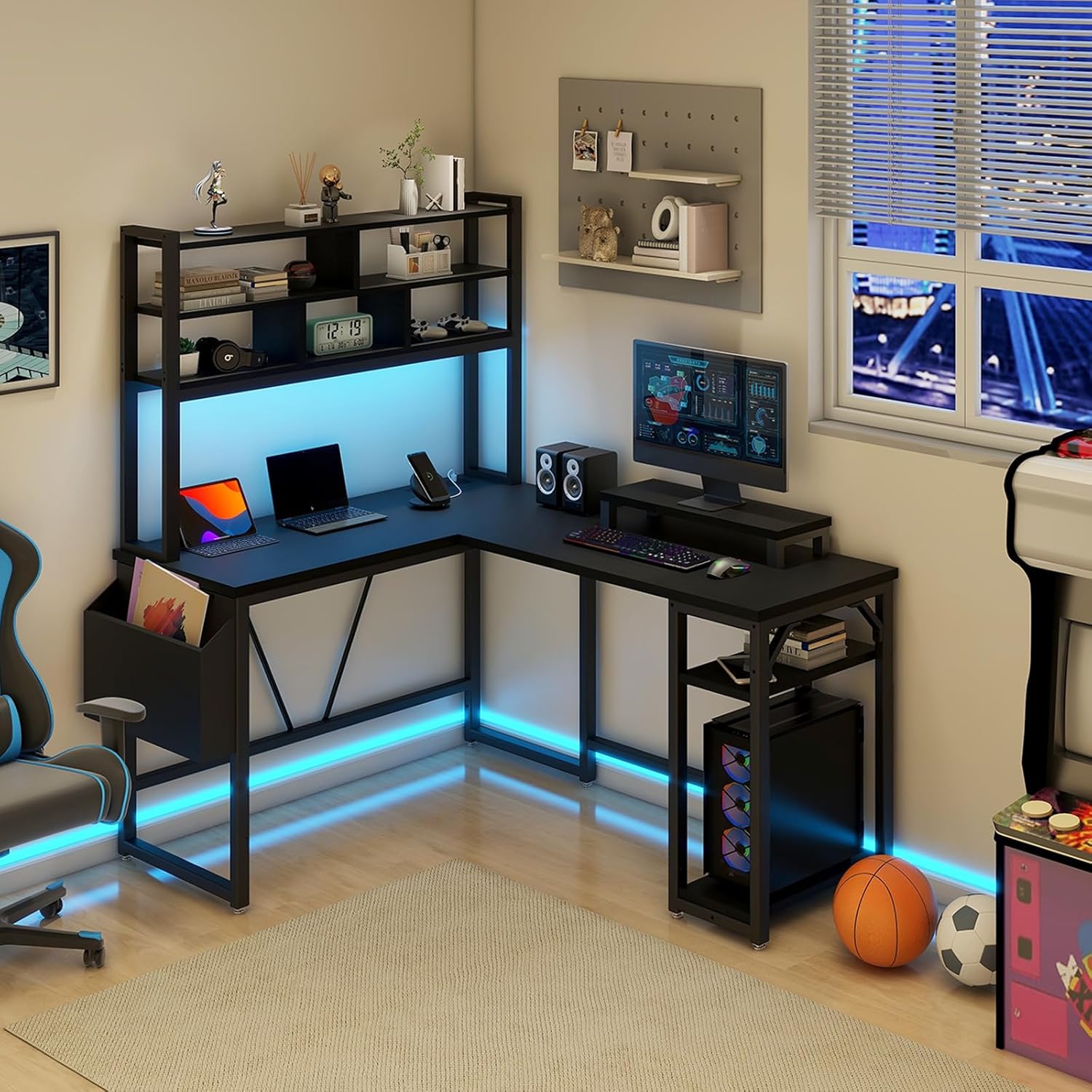 L Shaped Computer Desk with LED Lights and Power Outlets and USB Port S7697