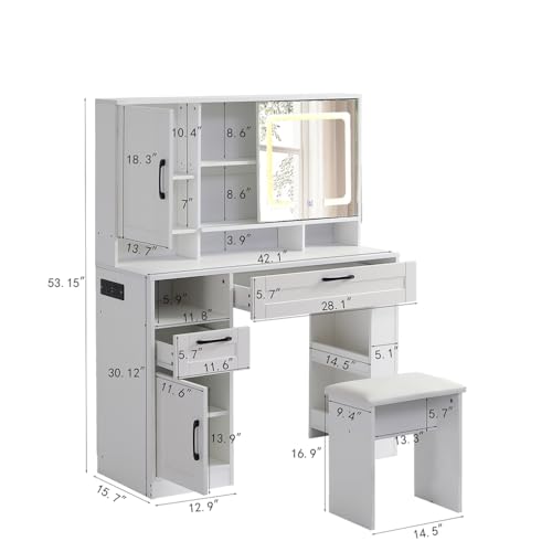 White Vanity Desk With Mirror And Cushioned Stool G239