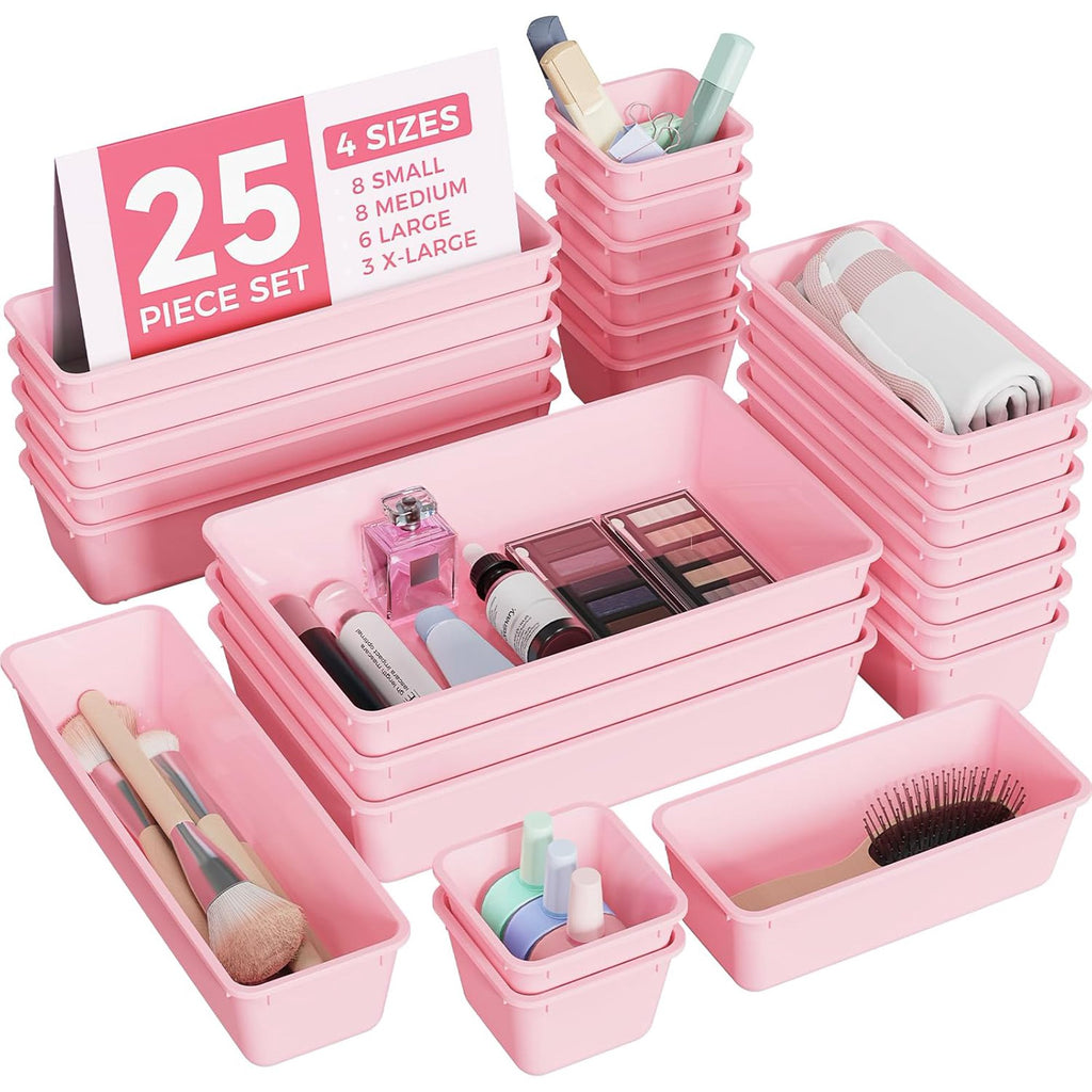 25 PCS Plastic Drawer Organizers Set, 4-Sizes (Pink) H257574