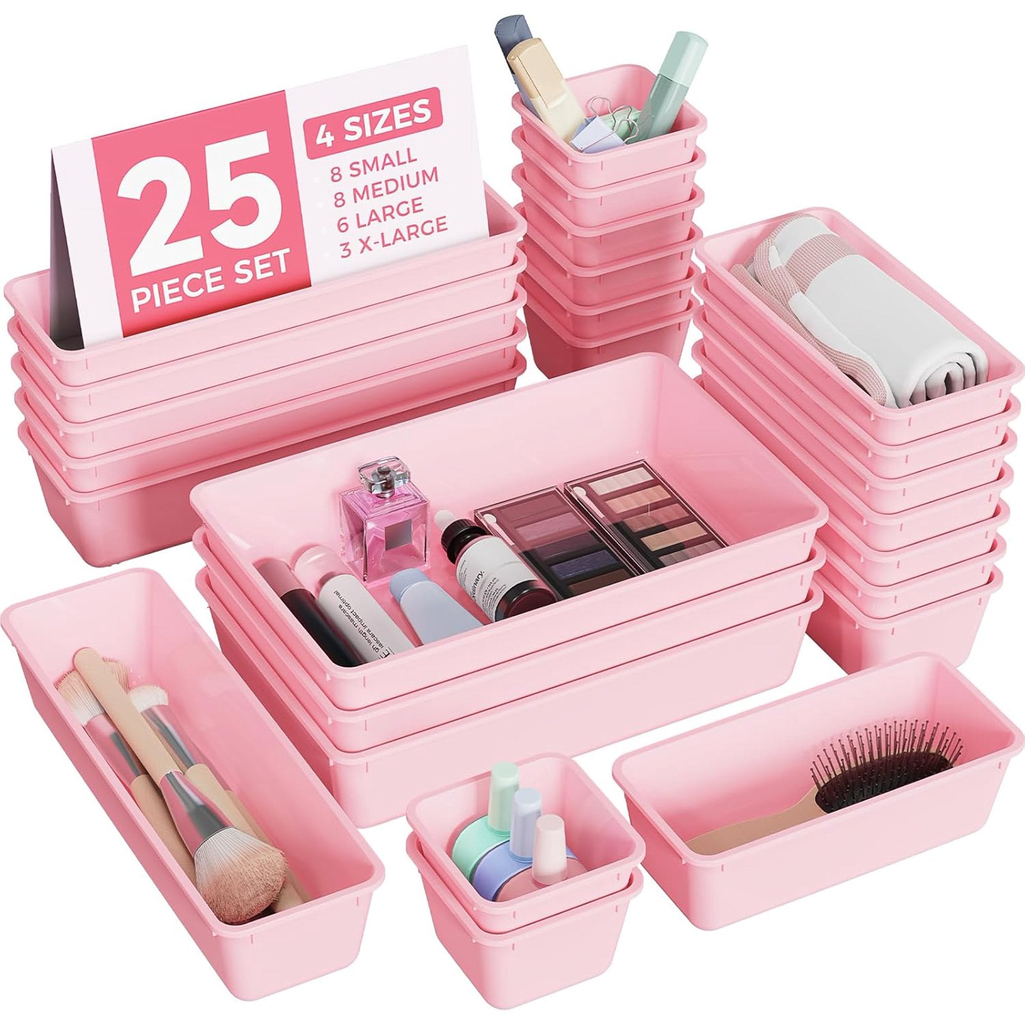 25 PCS Plastic Drawer Organizers Set, 4-Sizes (Pink) H257574
