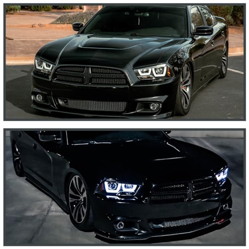Chrome LED Dual Halo Projector Headlights for 2011-2014 Dodge Charger, Left + Right Pair Headlamps Assembly R80754