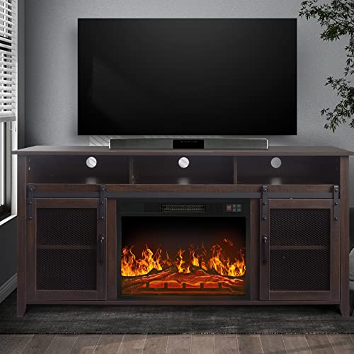 White Oak Fireplace TV Stand with Open Storage Shelves and Cabinets L792131