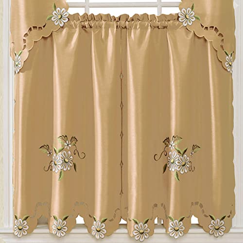 Bronze Faux Silk Kitchen Curtain Set with Cutwork Floral K39192