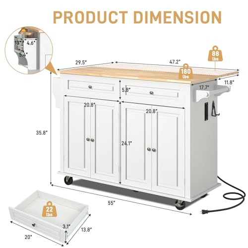 White Rolling Kitchen Island with Drop Leaf and Power Outlet K787