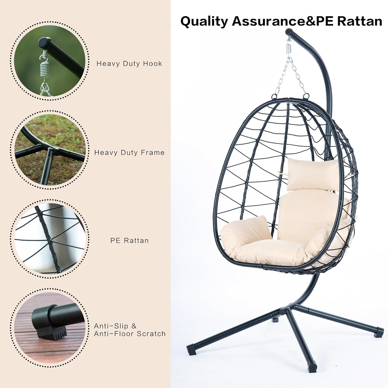 Egg Chair with Stand, Rattan Hanging Chair with Cushion S4962