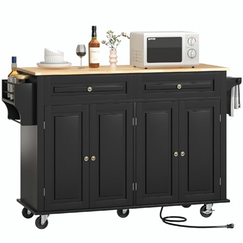 White Rolling Kitchen Island with Drop Leaf and Power Outlet K787