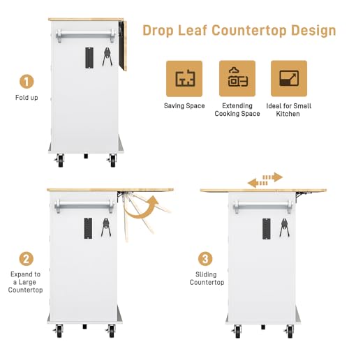 White Rolling Kitchen Island with Drop Leaf and Power Outlet K787