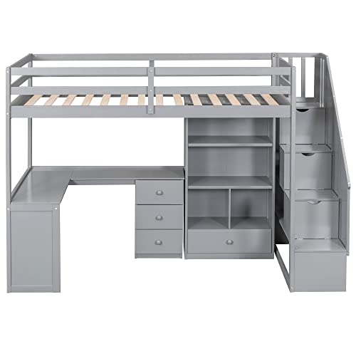 Full Size Loft Bed with Desk and Shelves, Two Drawers, Gray L73426