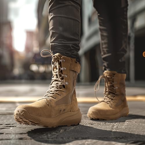 Men's Breathable Tactical Military Work Boots Side Zipper Leather Lightweight Hiking Motorcycle Combat Boots 8 Inches X19743