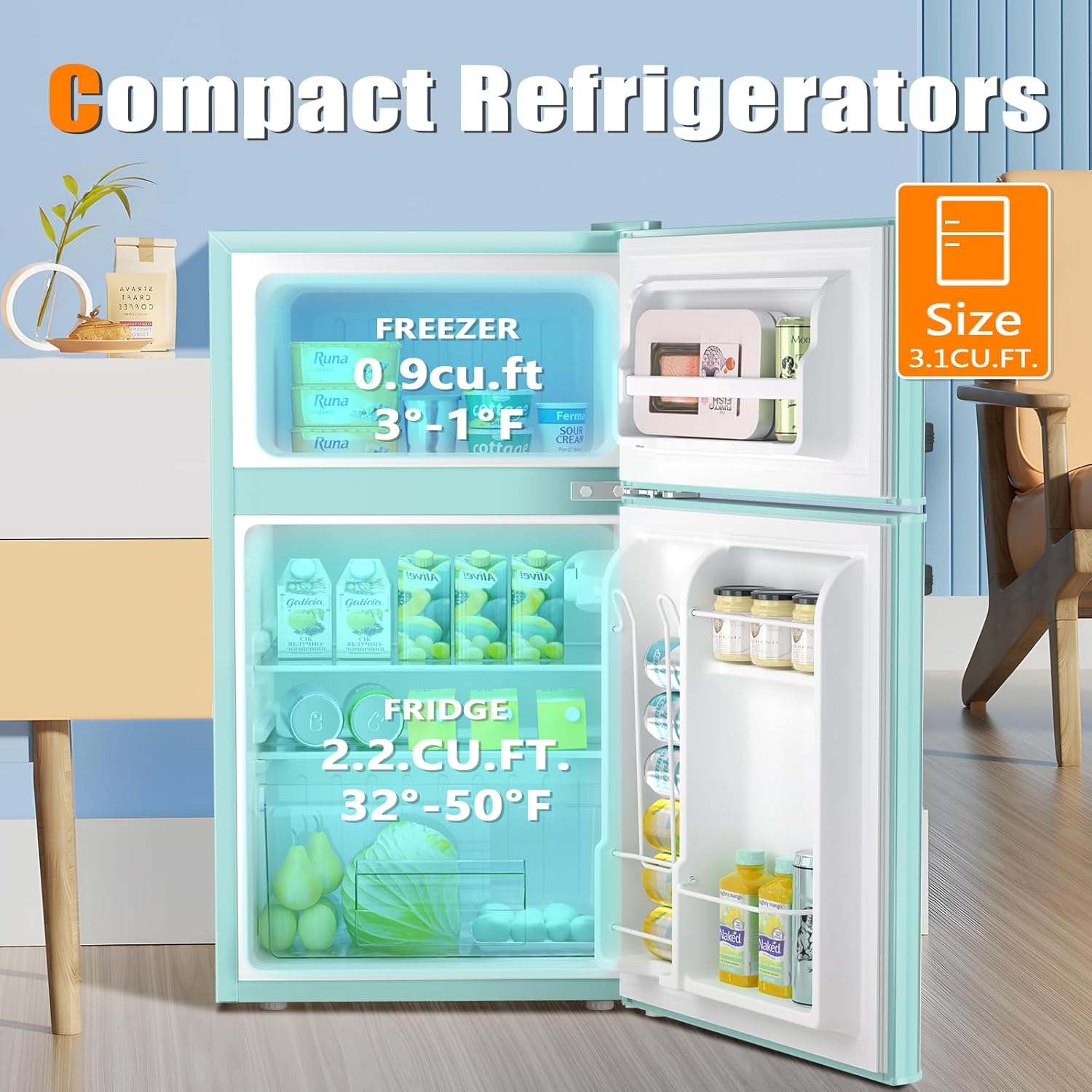 Compact Mini Refrigerator Separate Freezer, 3.2 cu ft. Green D231045