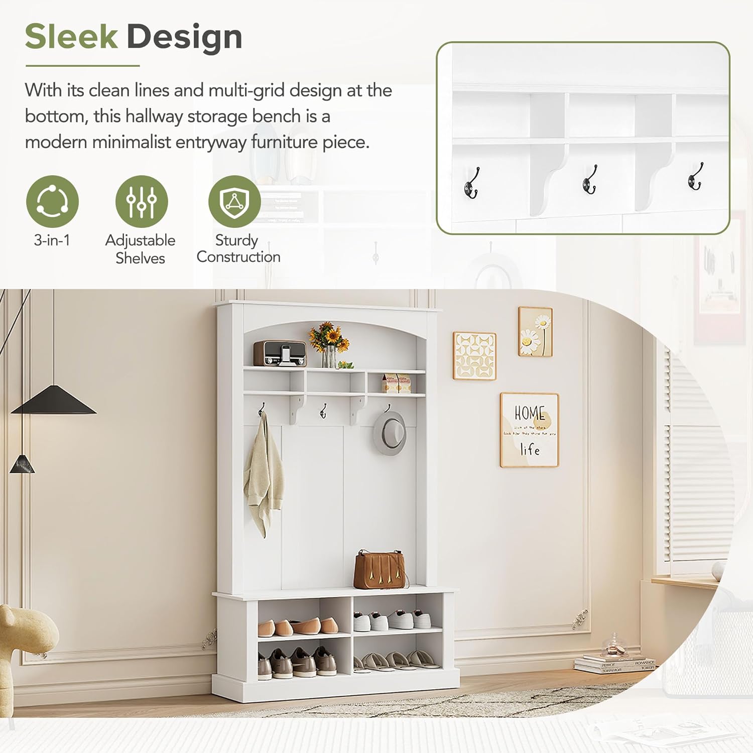 White 47.2'' Wide Hall Tree Bench with Hooks B54820