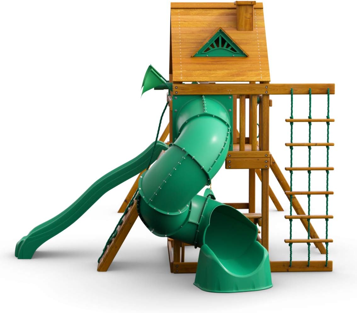 Brown Wooden Swing Set with Two Slides T5323
