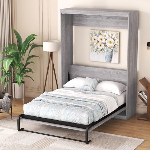 Gray Full Size Wood Murphy Bed with Shelves N836172