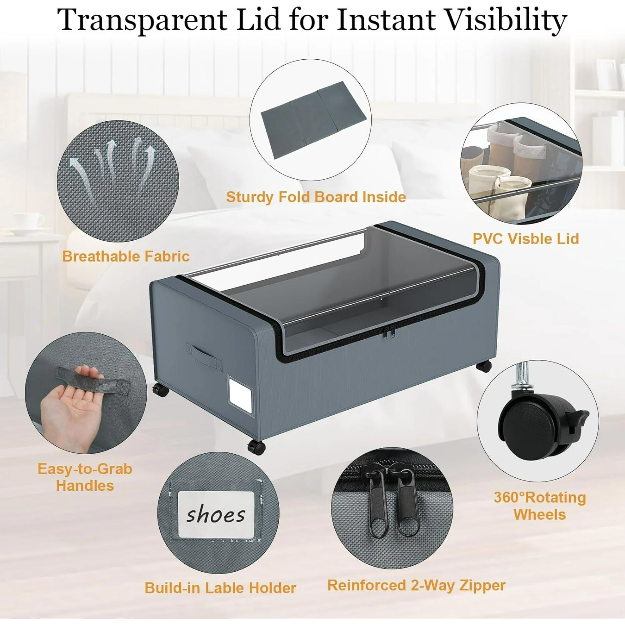 12 inch Under Bed Storage Bins with Clear Lid, Wheels, 2 Pack, Grey, 30.7x17.3x12 F48371
