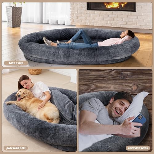 Large Human Dog Bed 72"x48"x10" Black with Washable Fur Cover O251