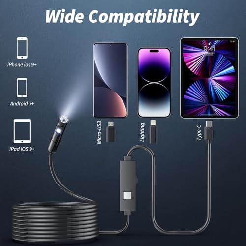 1920P HD Borescope with 8 Adjustable LED Lights, 16.4ft Semi-Rigid Snake Camera A976