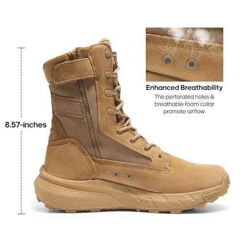 Men's Breathable Tactical Military Work Boots Side Zipper Leather Lightweight Hiking Motorcycle Combat Boots 8 Inches X19743