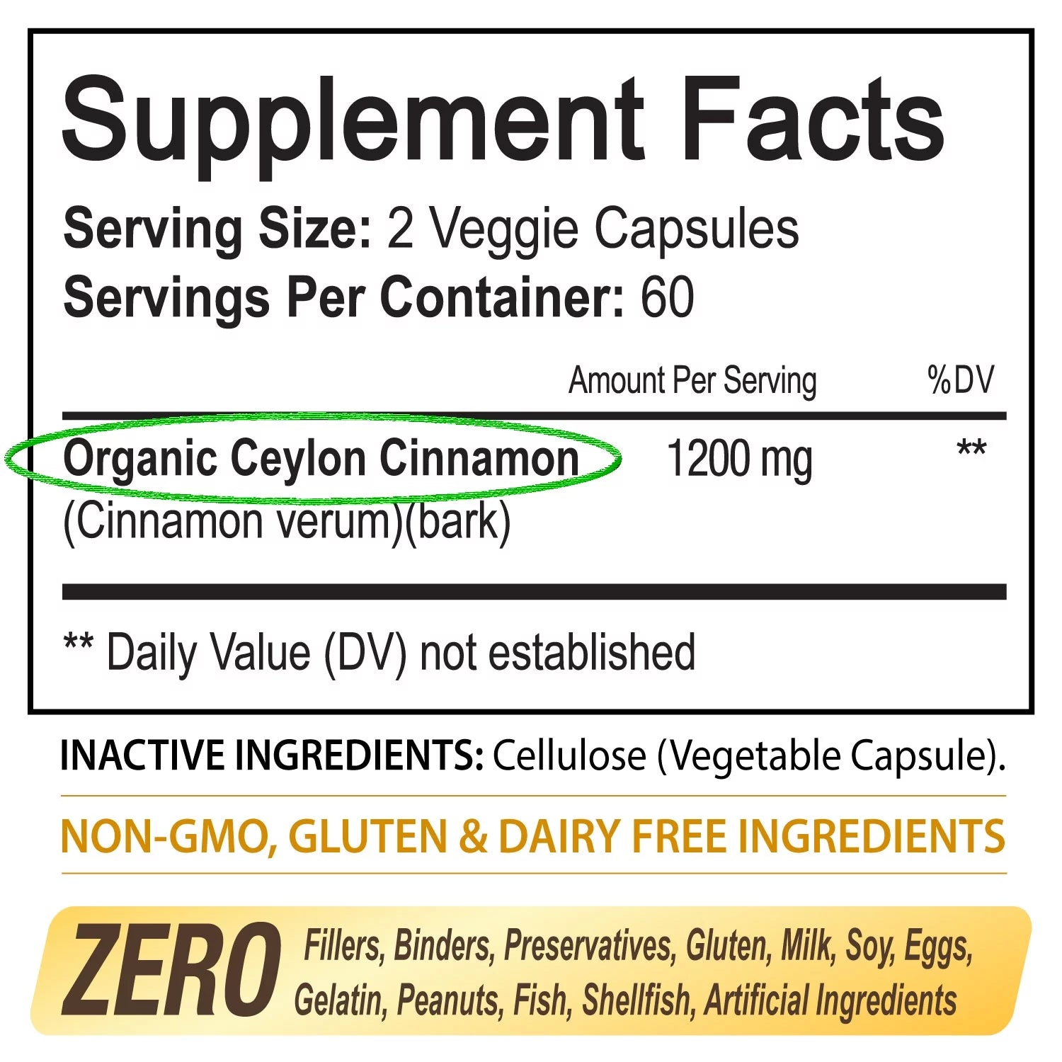Organic Ceylon Cinnamon 1200mg per Serving, 120 Capsules F870