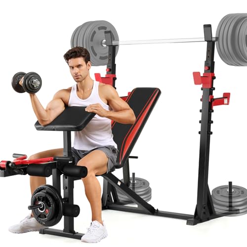 900 LBS Adjustable Weight Bench and Squat Rack with Leg Extension, Preacher Curl Pad T8596