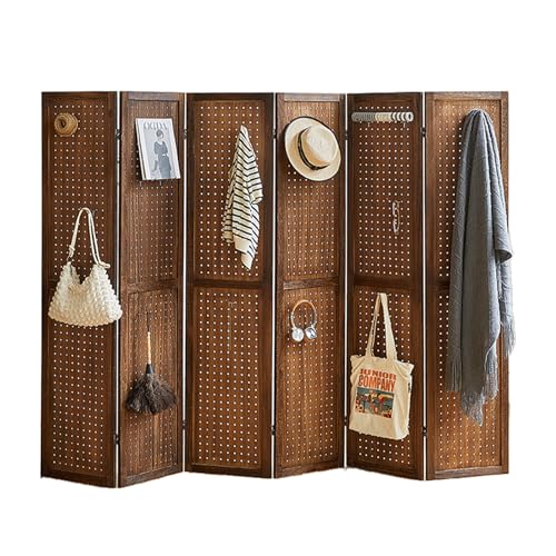Natural Solid Wood 4 Panel Room Divider with Shelves and 16 Hooks G25804