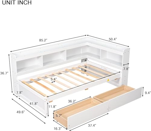 White Twin Size Wooden Bookcase Bed with Storage Drawers W98649