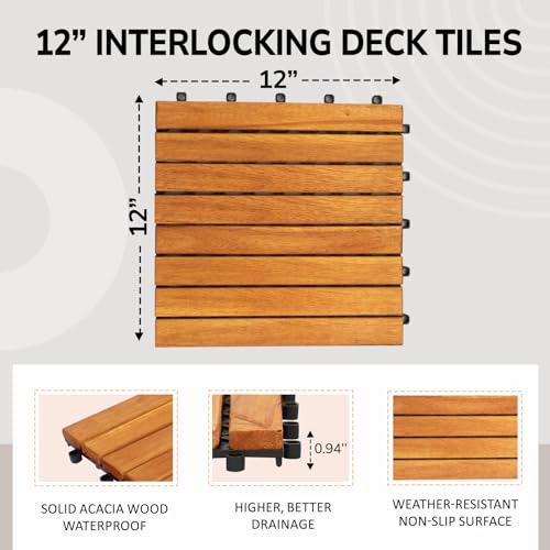 10 PCS Waterproof Acacia Wood Patio Tiles, 12”x12” (10sq.ft per Box) L901