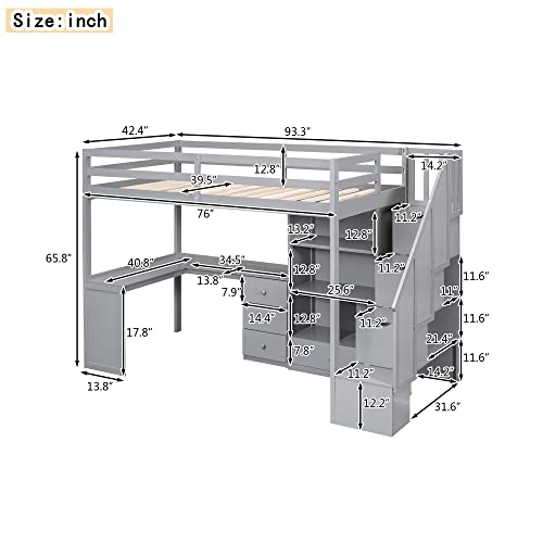 Full Size Loft Bed with Desk and Shelves, Two Drawers, Gray L73426