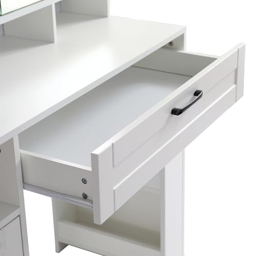 White Vanity Desk With Mirror And Cushioned Stool G239