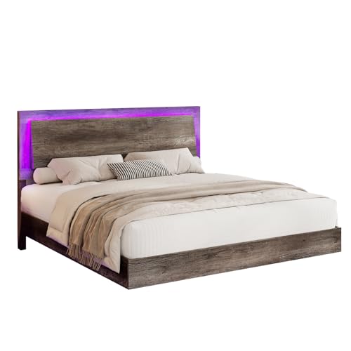 Rustic Grey Full Size Platform Bed Frame with Headboard and LED Light B454396