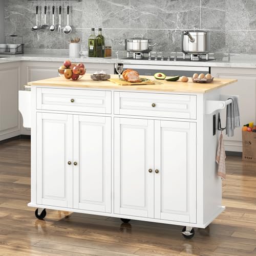 White Rolling Kitchen Island with Drop Leaf and Power Outlet K787