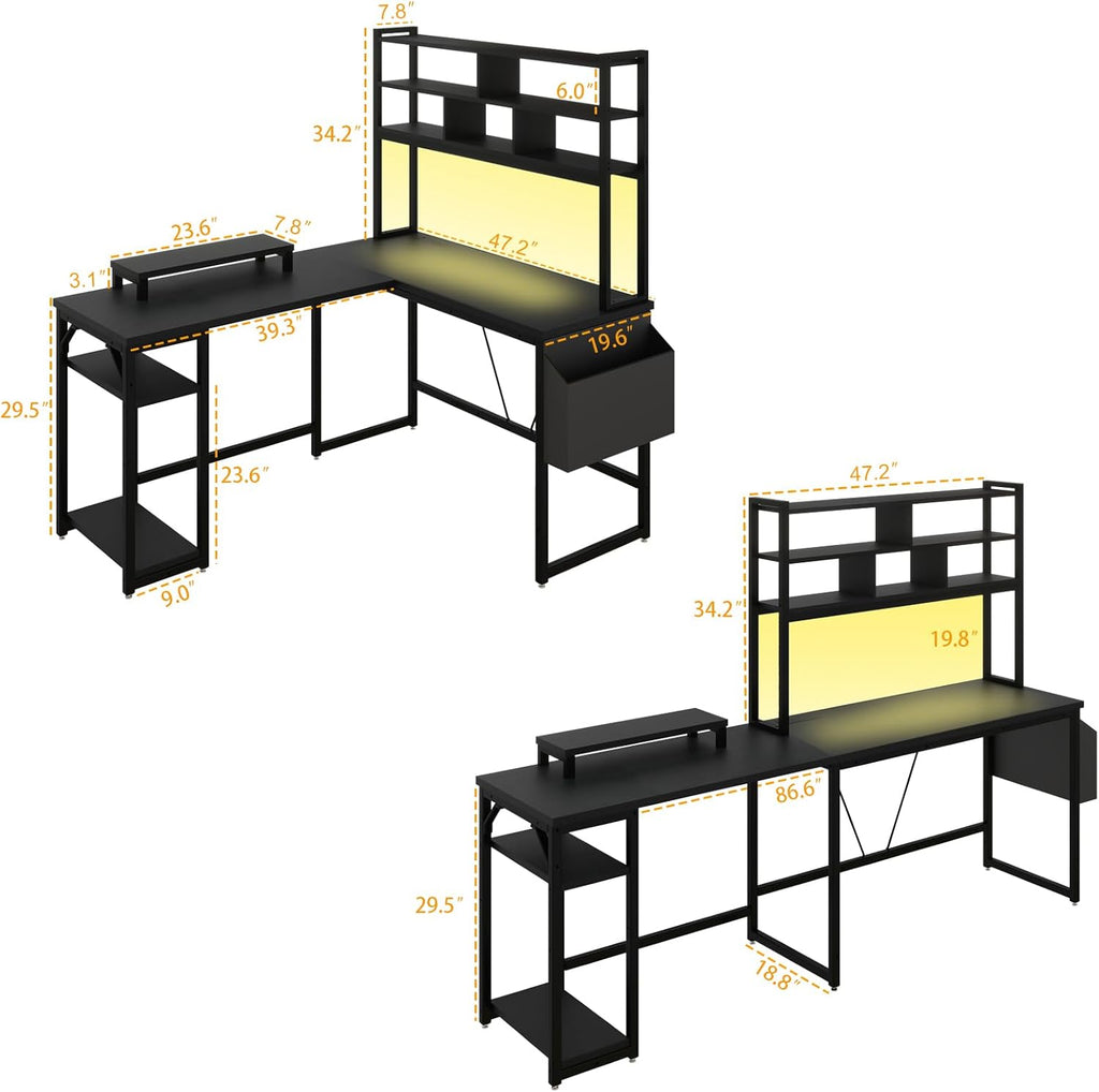 L Shaped Computer Desk with LED Lights and Power Outlets and USB Port S7697