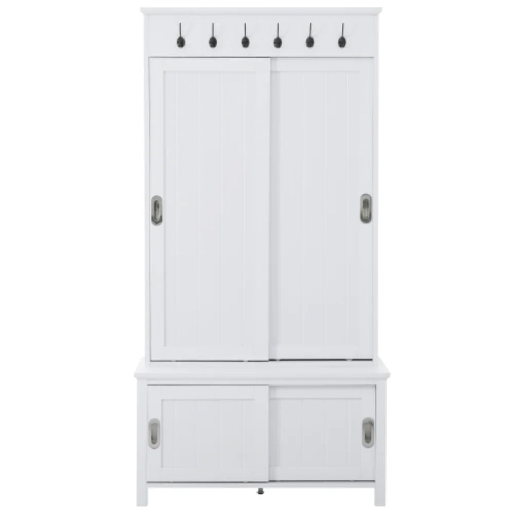 White Wooden Hall Tree with Sliding Doors and Storage Bench W631