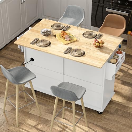 White Rolling Kitchen Island with Drop Leaf and Power Outlet K787