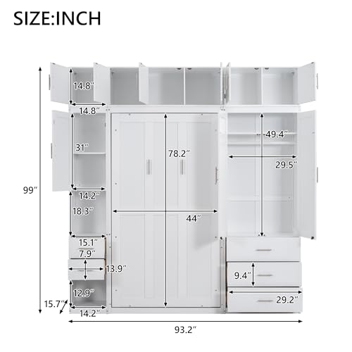 Twin Size Murphy Bed Frame with Lockers and Wardrobes, White R79415