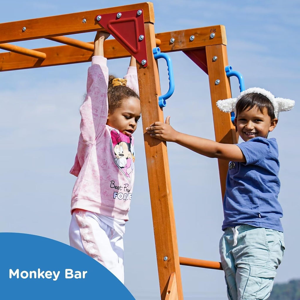Wooden Playground Swing Sets with Monkey Bar, 8FT Wave Slide, 2 Belt Swings U817574
