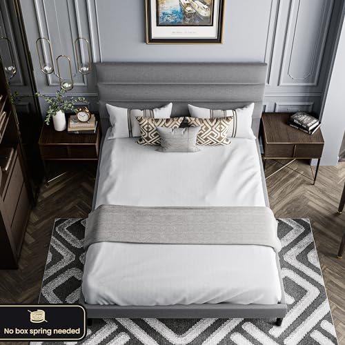 Dark Gray Full Size Linen Fabric Upholstered Platform Bed Frame U13911