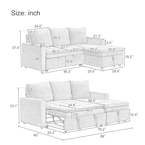 Grey 3 Seat Polyester Modular Sofa with Storage Chaise and Pullout Bed N546