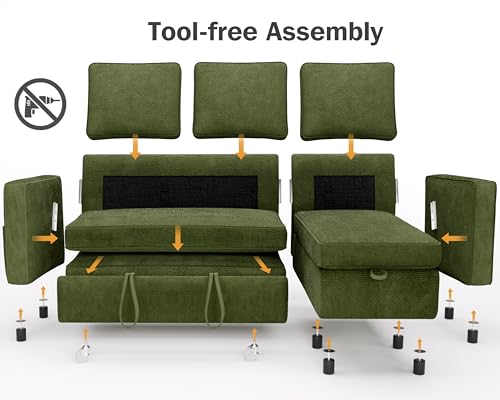 Green Chenille L Shaped Sleeper Sofa with Pull Out Bed O807
