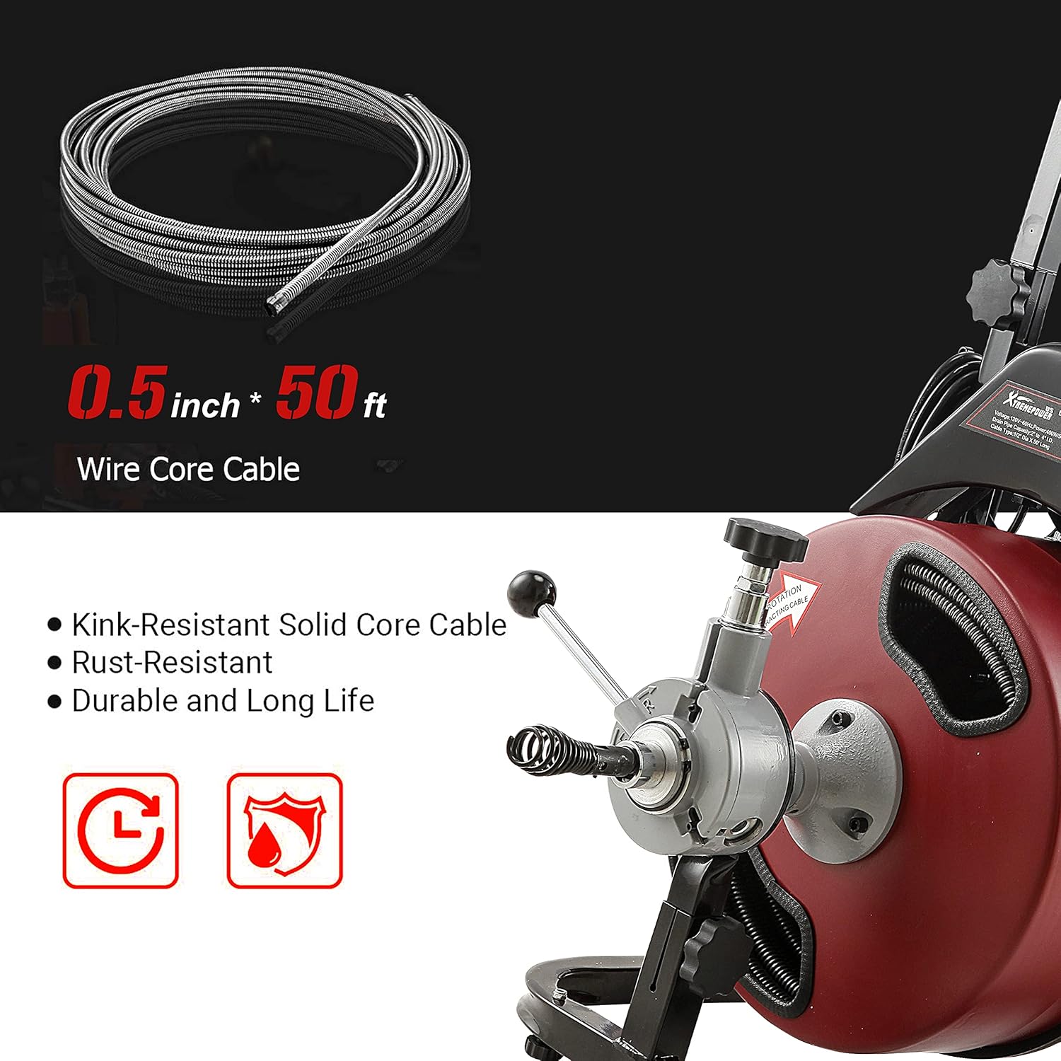 Commercial Sewer Snake Drill Drain Auger Cleaner Cable 50-Feet Long 1/2 (4)-Cutter Set with Wheel N9953