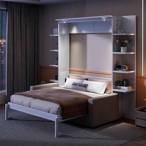 Queen Size Wood Murphy Bed with Storage Shelves and Sofa P72187