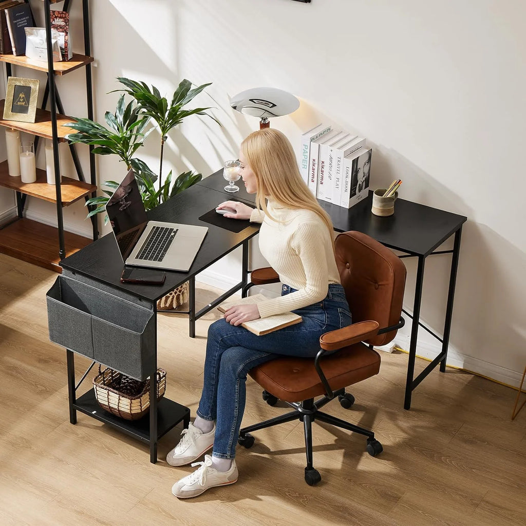 Black L Shaped Computer Desk with Wooden Desktop CPU Stand Side Bag B220