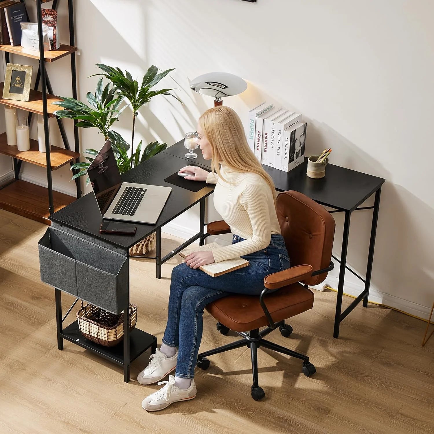 Black L Shaped Computer Desk with Wooden Desktop CPU Stand Side Bag B220