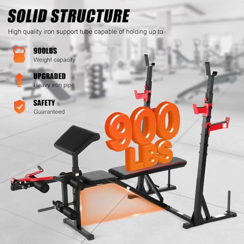 900 LBS Adjustable Weight Bench and Squat Rack with Leg Extension, Preacher Curl Pad T8596