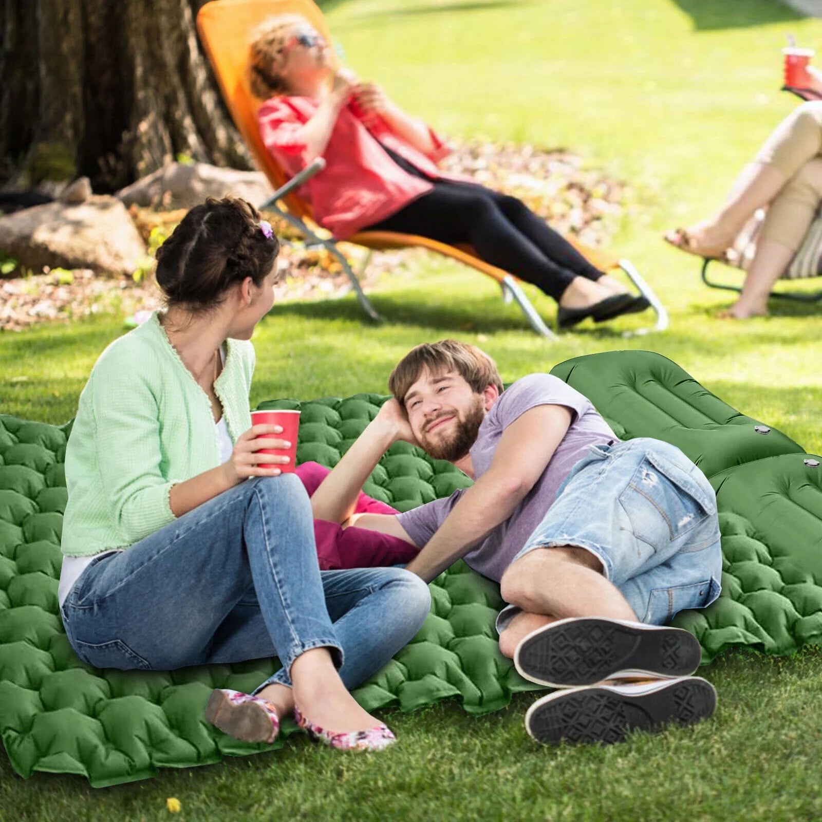 Double Camping Sleeping Pad with Air Pillow 2 Person Inflatable Mat K813555