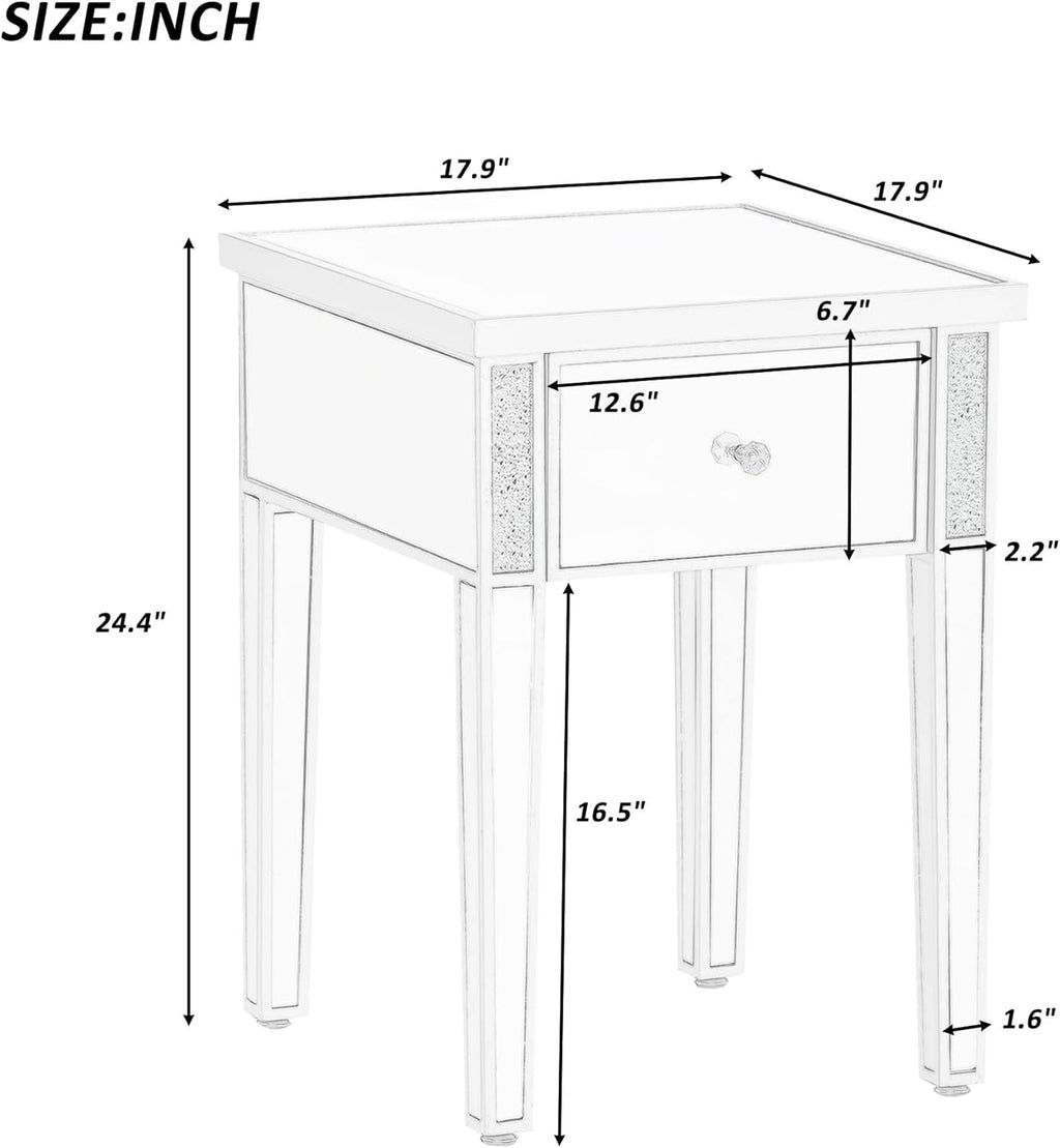 Silver Glass Mirrored End Table with Drawer M63592