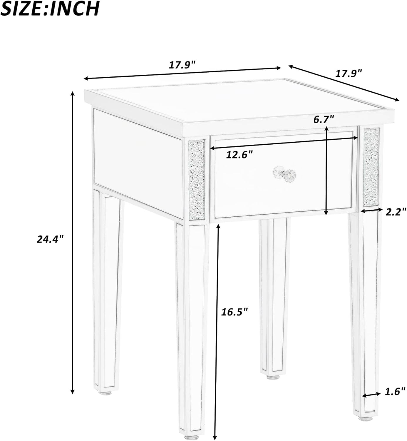 Silver Glass Mirrored End Table with Drawer M63592