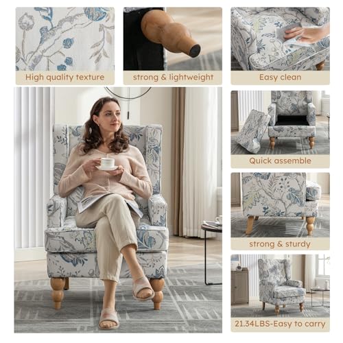 Blue Floral Upholstered Accent Chairs Set of 2 with Wood Legs W2158