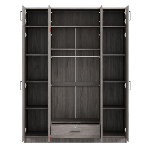 Wardrobe Armoire with 4 Doors, Mirror, Shelves, Drawers and Hanging Rod H857