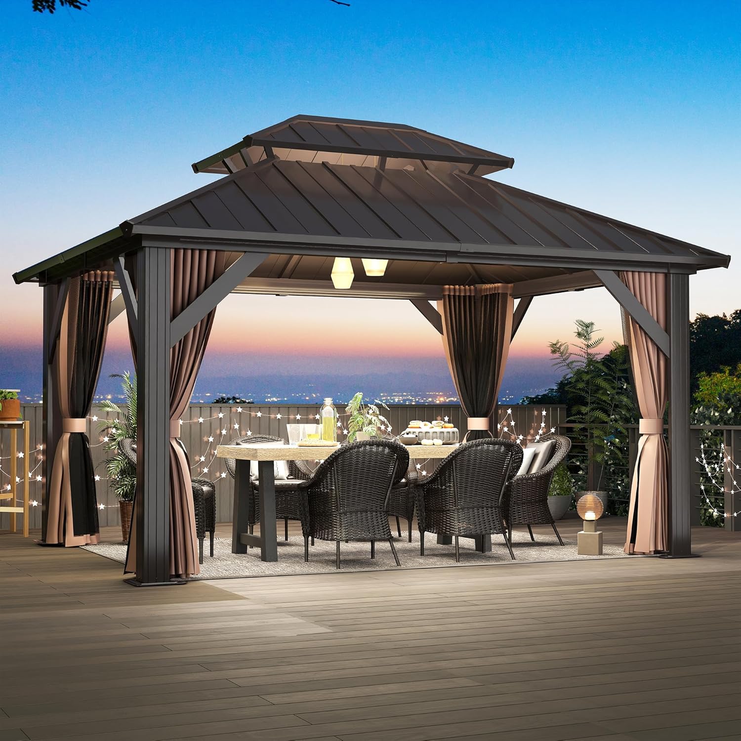 10x12FT Hardtop Gazebo with Double Roof, Heavy-Duty Galvanized Steel Top Aluminum Frame, Breathable Netting & Privacy Curtain R60898